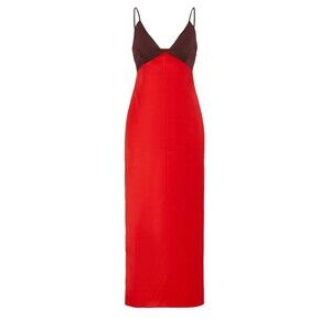 MARINA MOSCONE Two-Tone Red Slip Midi Dress Side Slits Size 6 $380